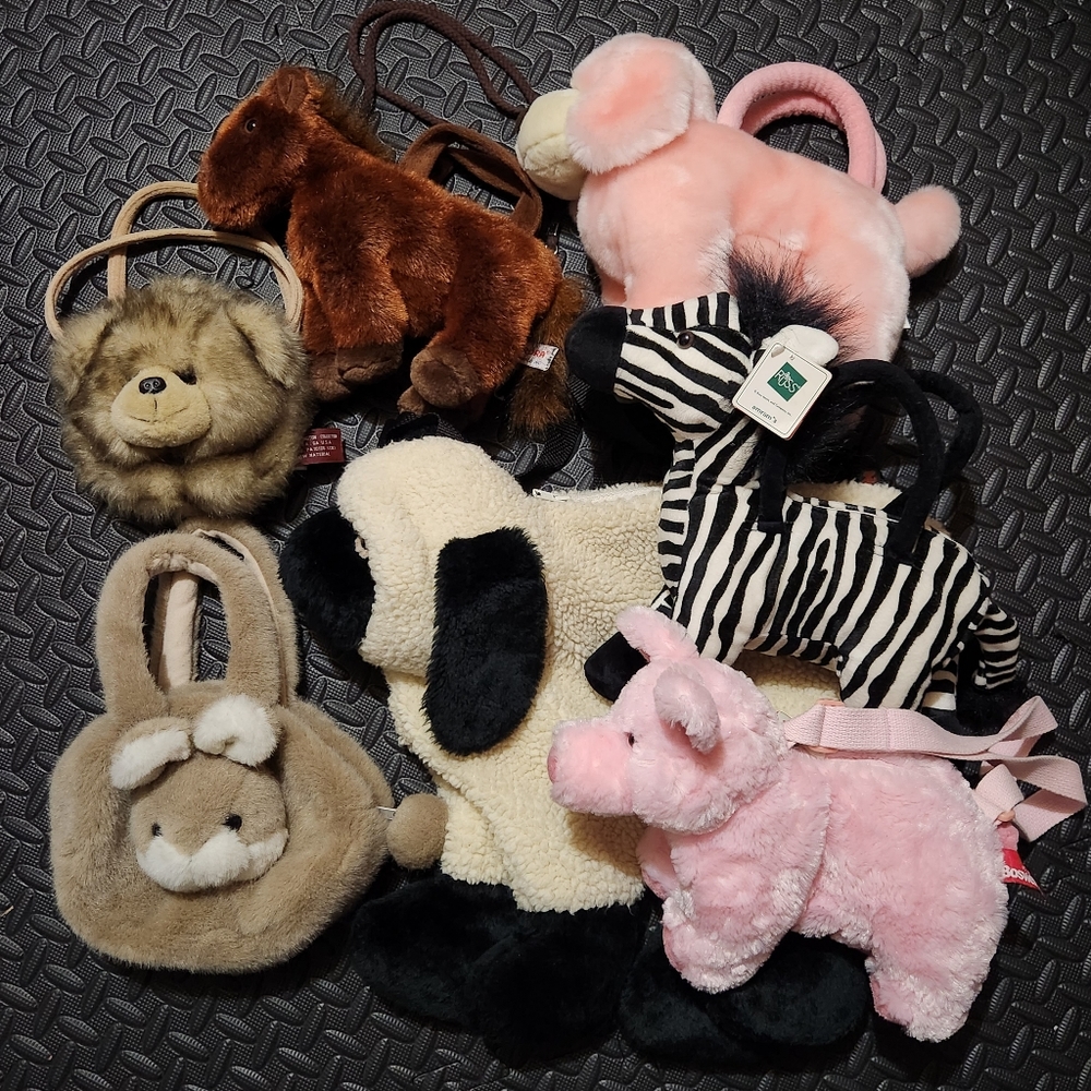 Plush Animal Purse/Bag Lot Horse Pig Bear Rabbit Lamb Zebra Dog
